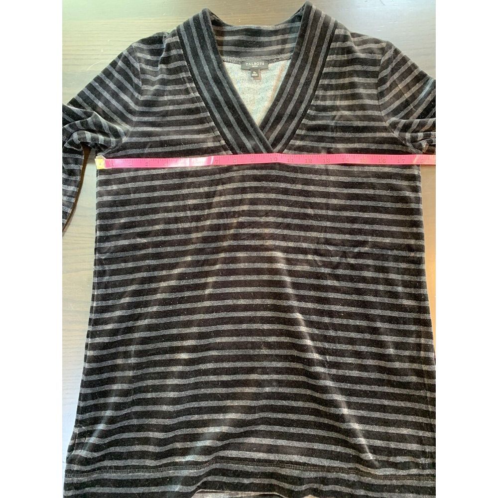 Talbots Top Women's Petites Small SP Soft Cozy  Black Stripe V Neck Velour Hygge - Picture 9 of 14